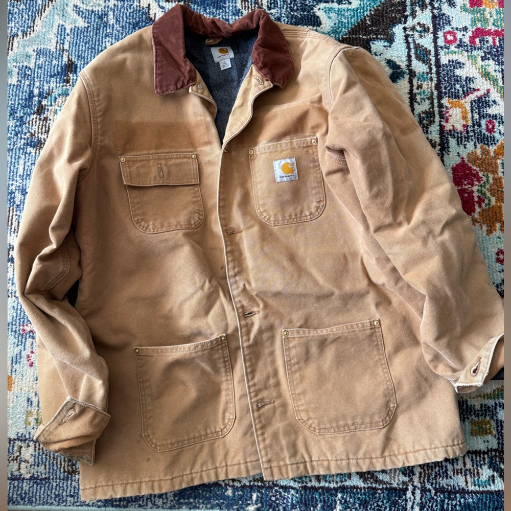 Carhartt Tan Canvas Jacket with Brown Corduroy Collar Men’s Large